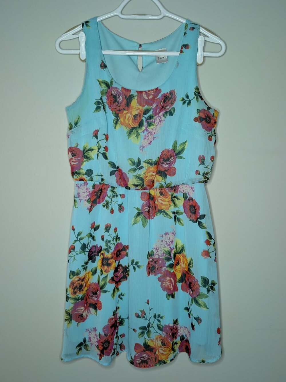 Poet Aqua Blue Watercolour Floral Scoop Neck Mini Dress Blouson Style Size M